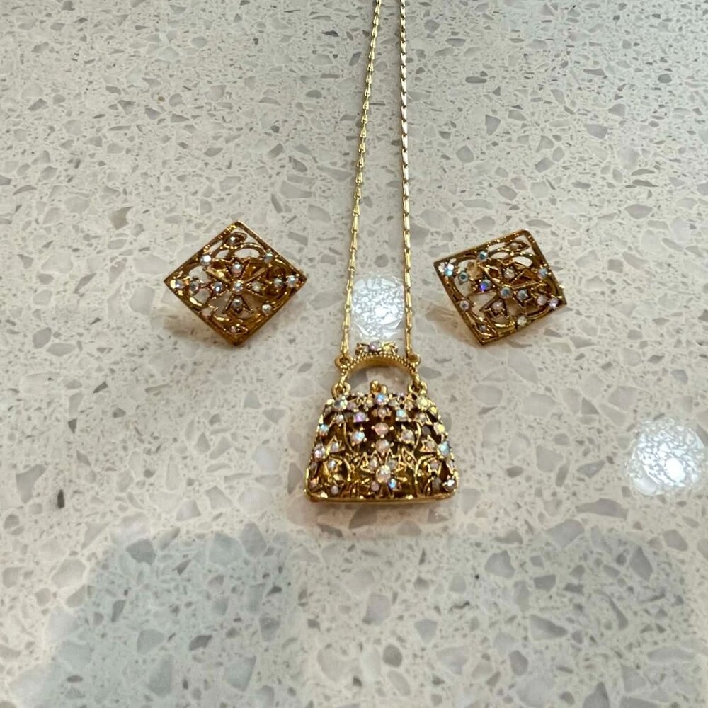 Signed VINTAGE Butler Rhinestone Hinged Purse Necklace & Clip Earring Set